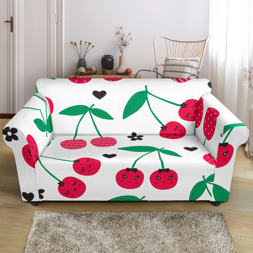 Cherry Pattern White Background Loveseat Couch Slipcover