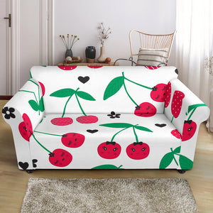 Cherry Pattern White Background Loveseat Couch Slipcover