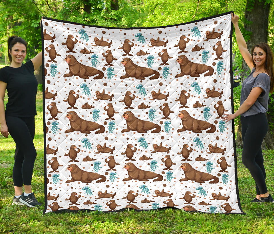 Sea Lion Seals Jellyfish Pattern Premium Quilt