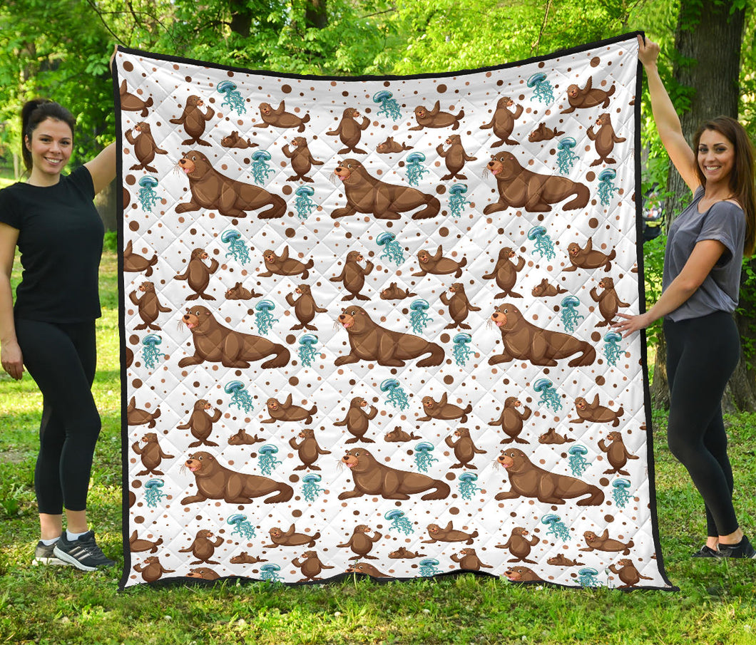 Sea Lion Seals Jellyfish Pattern Premium Quilt