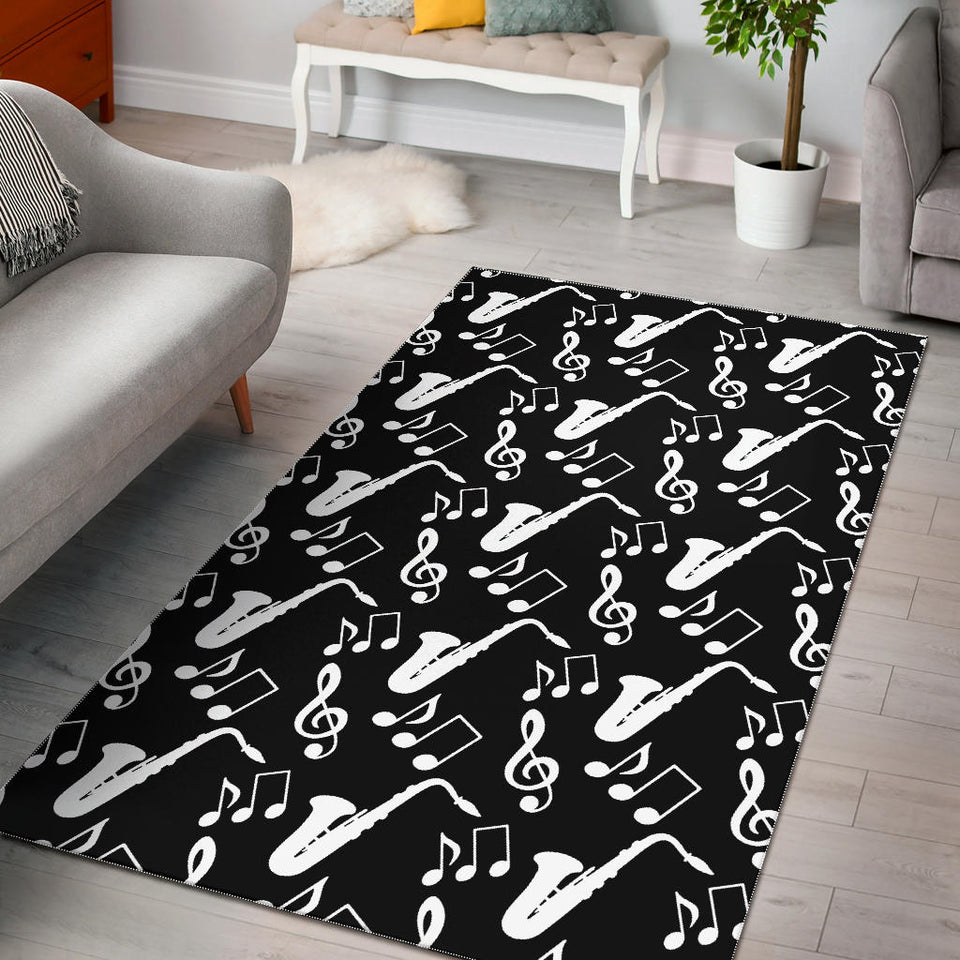 Saxophone Music Notes Treble Clef Black White Theme Area Rug