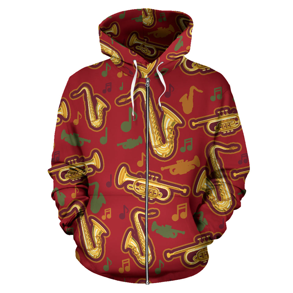 Saxophone Cornet Pattern Red Background Zip Up Hoodie