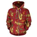 Saxophone Cornet Pattern Red Background Zip Up Hoodie