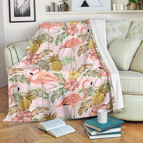 Pink Flamingo Birds Pineapples Hibiscus Flower Pattern Premium Blanket