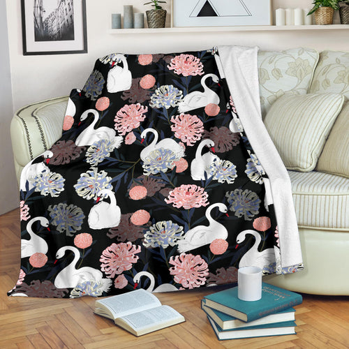 White Swan Blooming Flower Pattern Premium Blanket