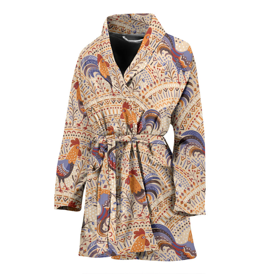 Cute Rooster Chicken Cock Floral Ornament Background Women'S Bathrobe