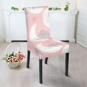 Cute Moon Cloud Star Pattern Pink Dot Background Dining Chair Slipcover