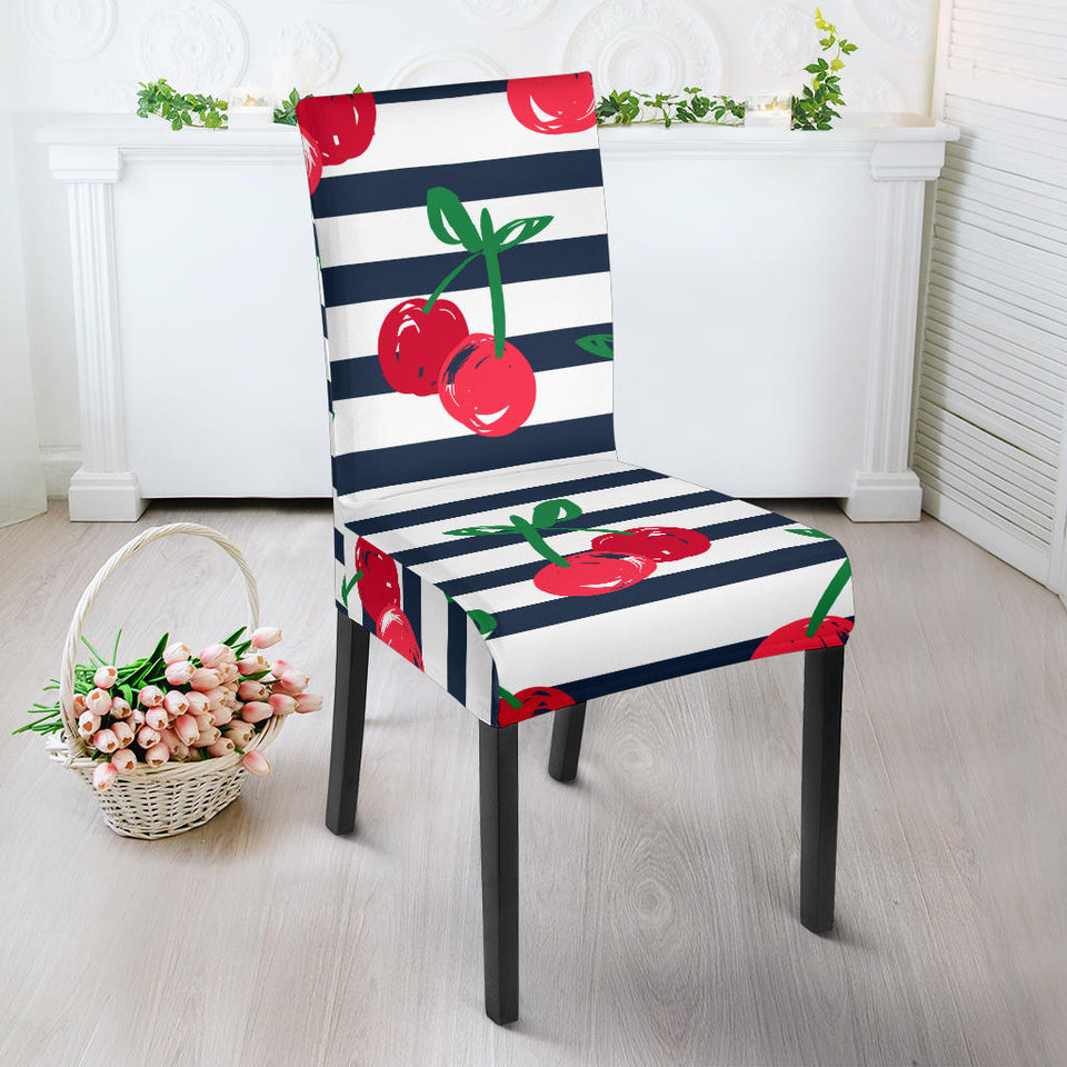 Hand Drawn Cherry Pattern Striped Background Dining Chair Slipcover
