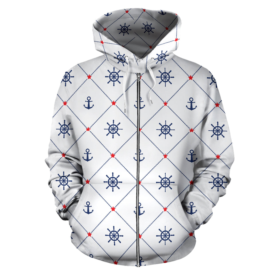 Anchor Rudder Nautical Design Pattern Zip Up Hoodie
