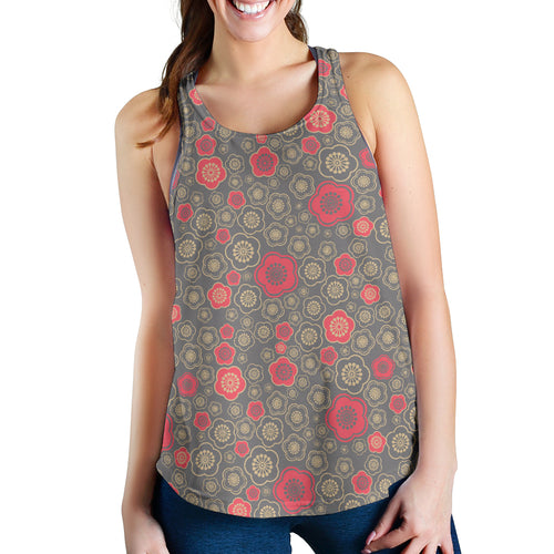 Red gold Sakura cherry blossom gray background Women Racerback Tank Top