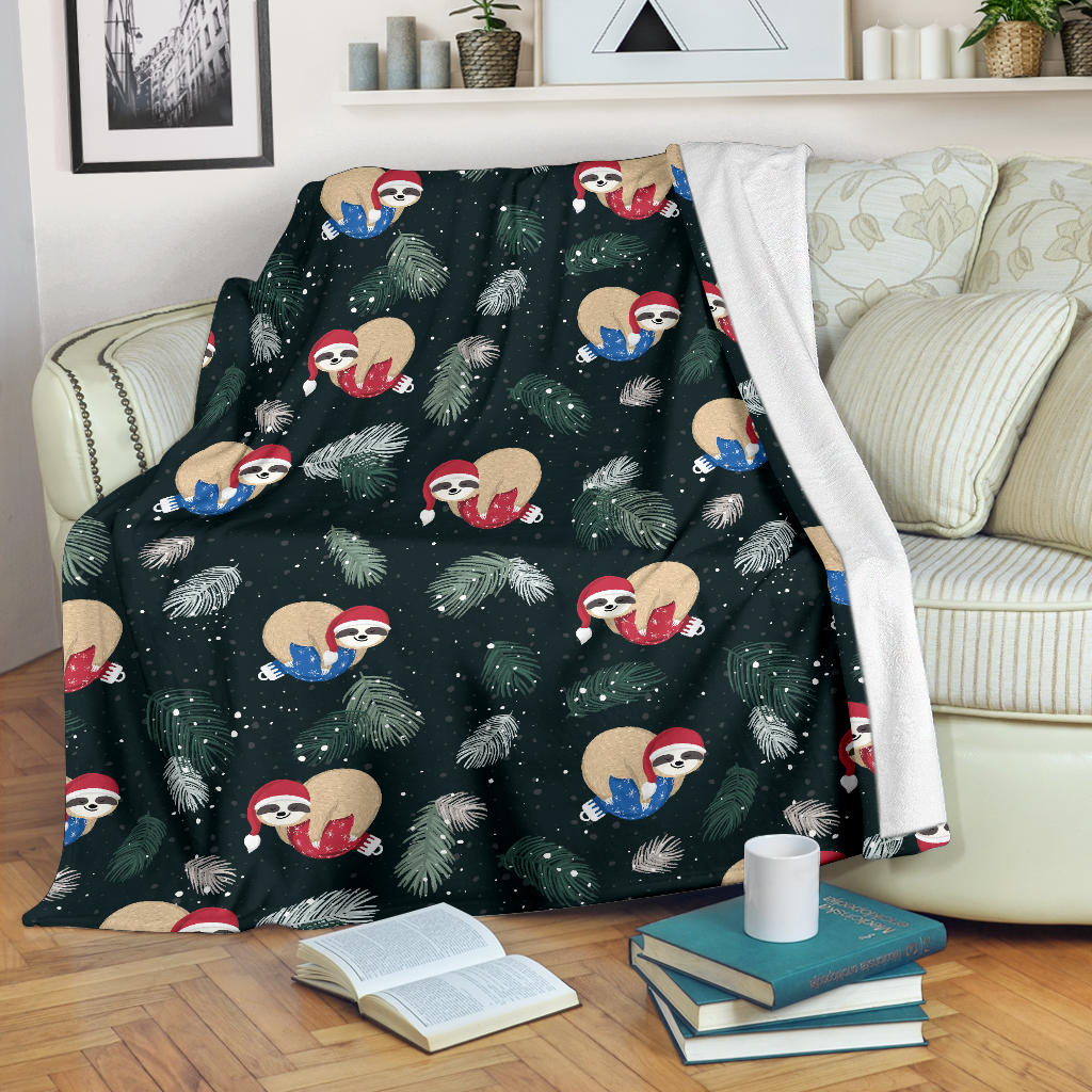 Cute Sloths Sleeping Christmas Ball Santa Hat Pattern Premium Blanket