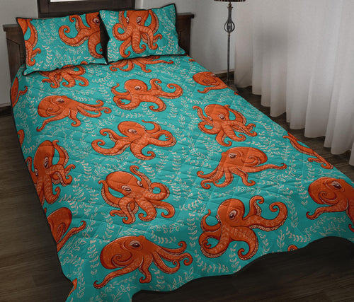 Octopus turquoise background Quilt Bed Set