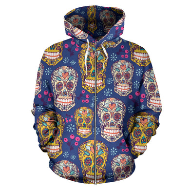 Sugar Skull Flower Pattern Zip Up Hoodie