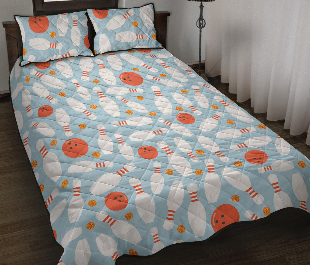 Bowling ball bowling pins blue blackground Quilt Bed Set