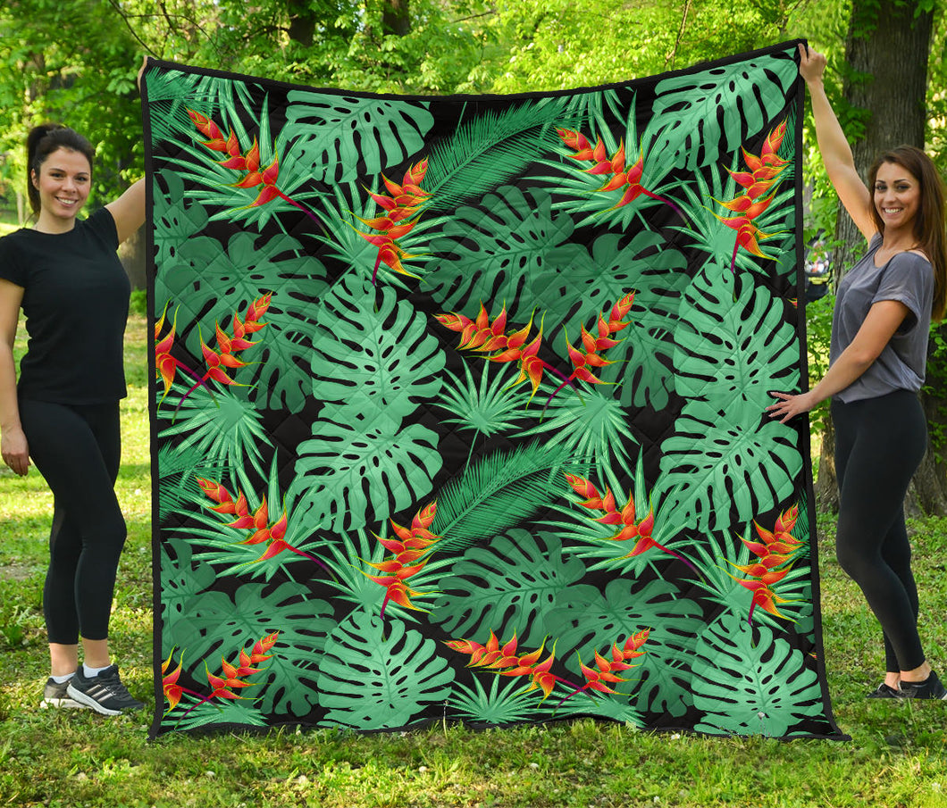 Heliconia Flower Palm Monstera Leaves Black Background Premium Quilt