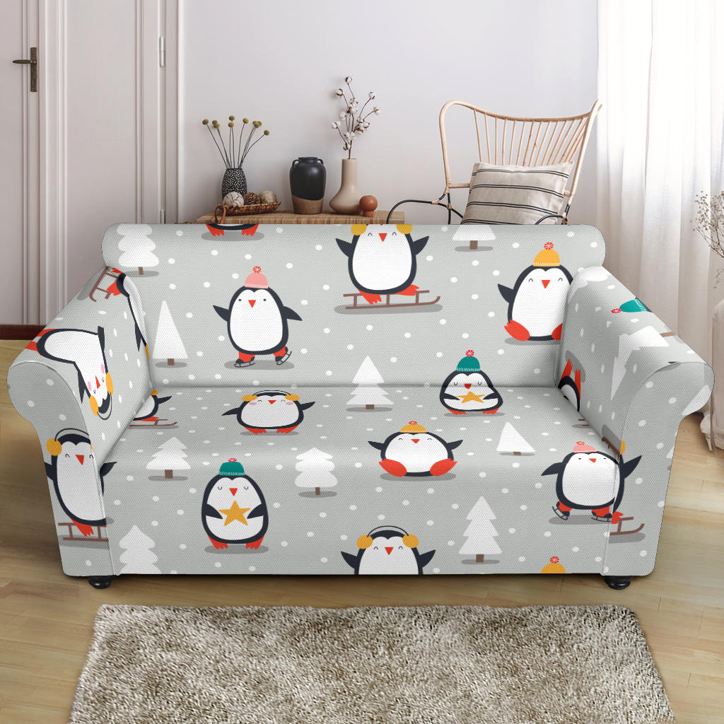 Cute Penguin Christmas Pattern Loveseat Couch Slipcover