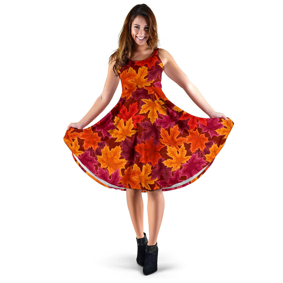 Autumn Maple Leaf Pattern Sleeveless Midi Dress