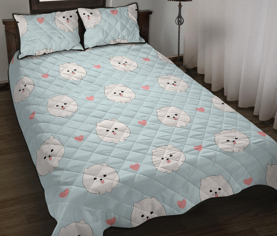 White cute pomeranian pattern Quilt Bed Set