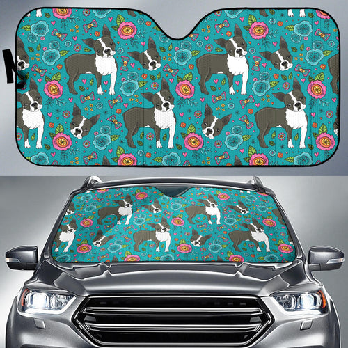 Boston Terrier Beautiful Flower Pattern Car Sun Shade