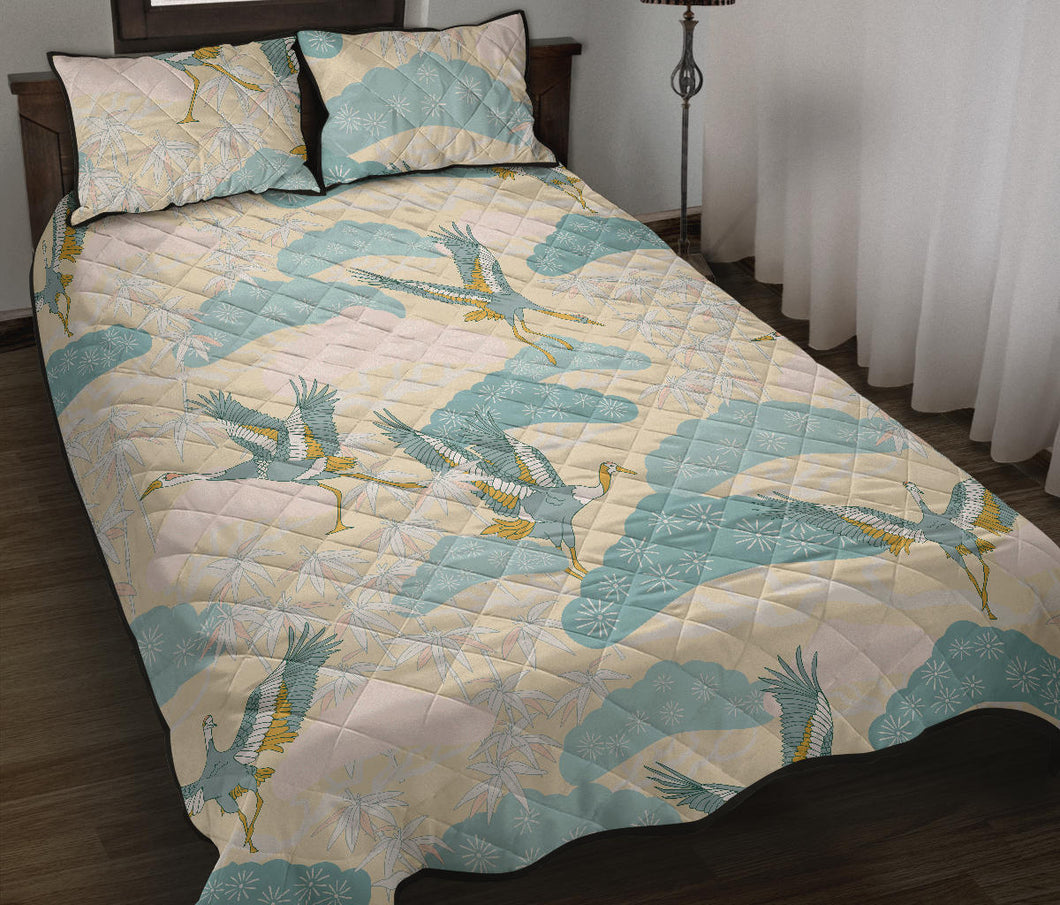 Bonsai bamboo stork japanese pattern cream theme Quilt Bed Set