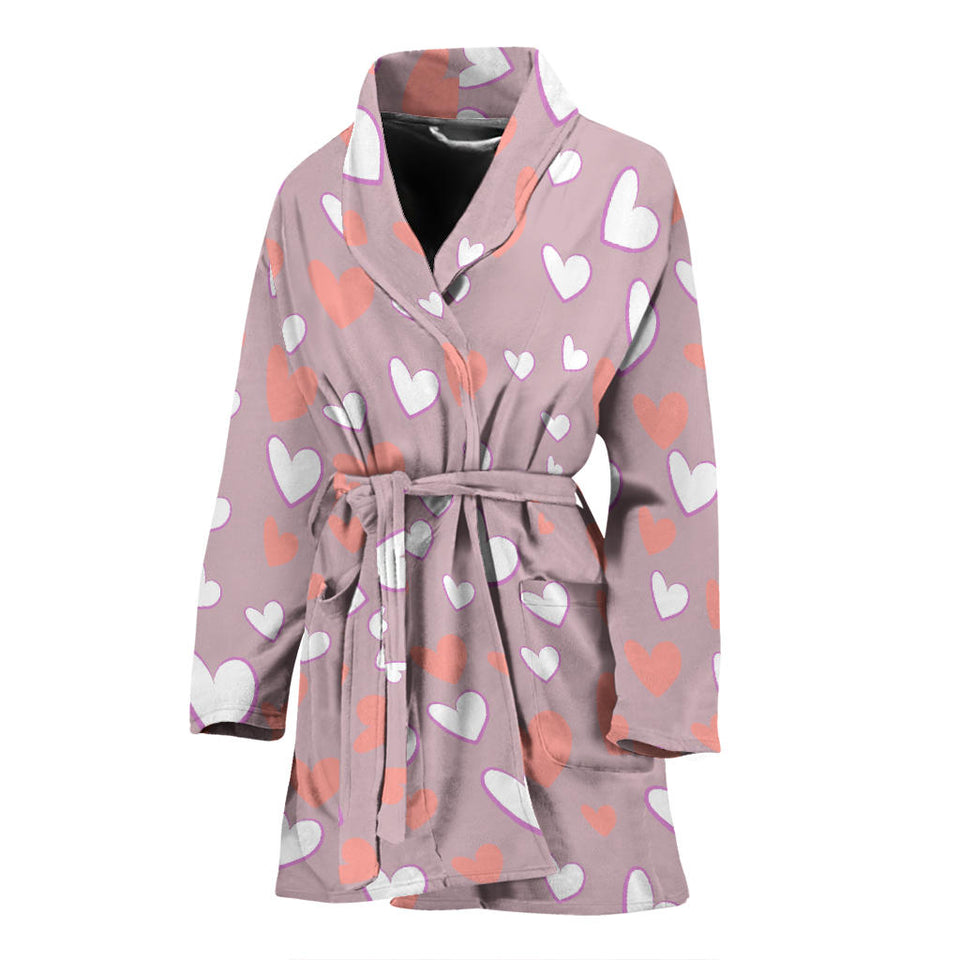 Coral White Heart Pattern Women'S Bathrobe
