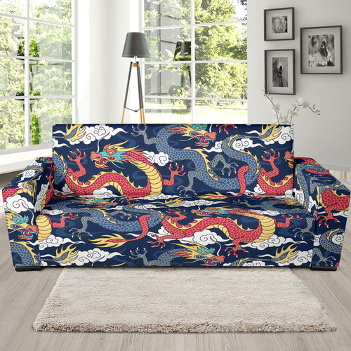 Blue Red Dragon Cloud Pattern Sofa Slipcover