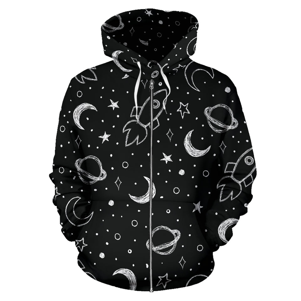 Hand Drawn Space Rocket Star Planet Zip Up Hoodie