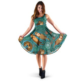 Cute Brown Sea Otters Ornamental Seaweed Corals Green Water Sleeveless Midi Dress