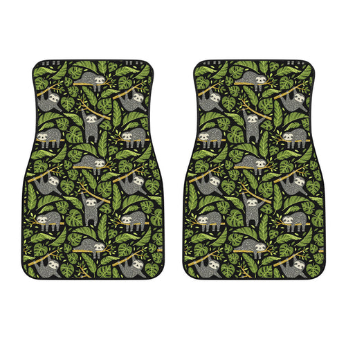 Cute Sloths Tropical Palm Leaves Black Background Front Car Mats