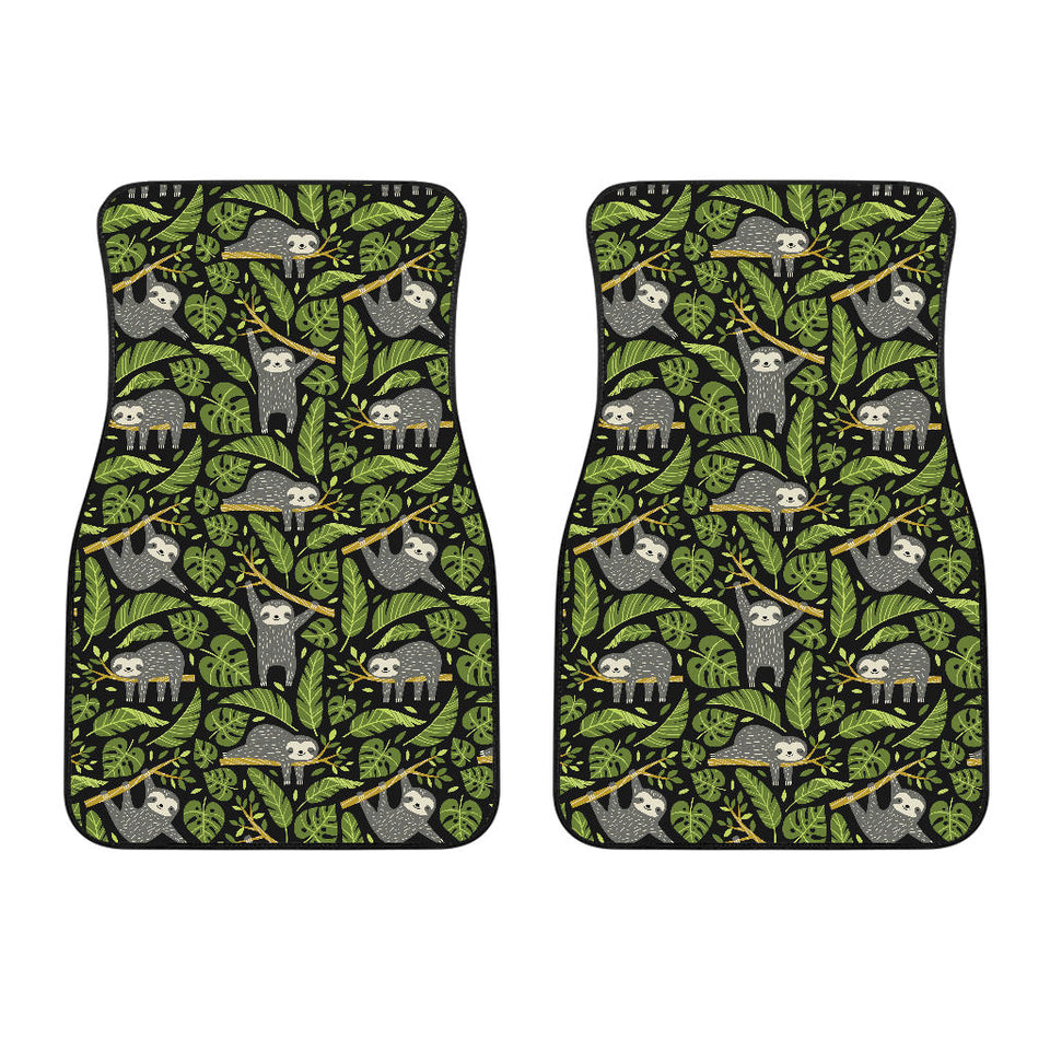 Cute Sloths Tropical Palm Leaves Black Background Front Car Mats