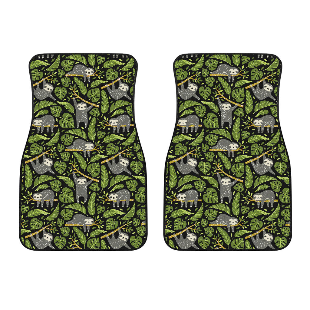 Cute Sloths Tropical Palm Leaves Black Background Front Car Mats
