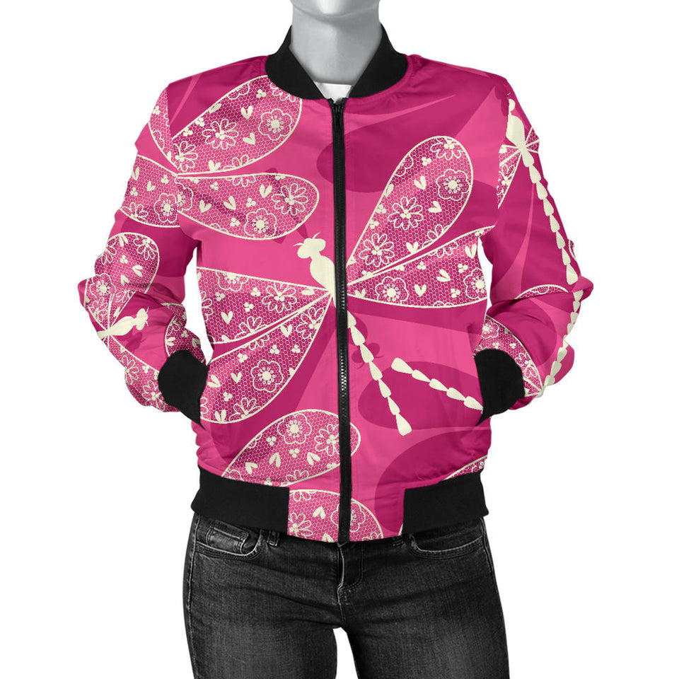 Beautiful Dragonfly Pink Background Women'S Bomber Jacket