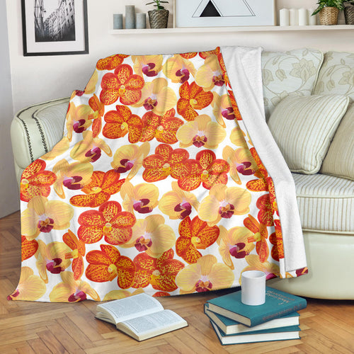 Orange Yellow Orchid Flower Pattern Background Premium Blanket