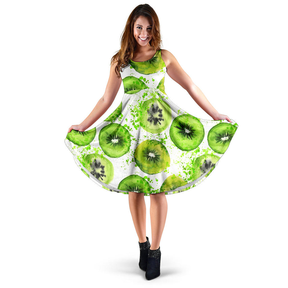 Watercolor Kiwi Pattern Sleeveless Midi Dress