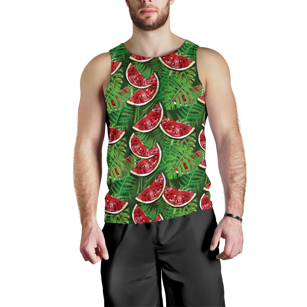 Watermelons tropical palm leaves pattern background Men Tank Top
