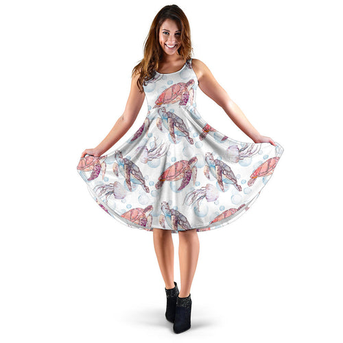 Watercolor Sea Turtle Jellyfish Pattern Sleeveless Midi Dress