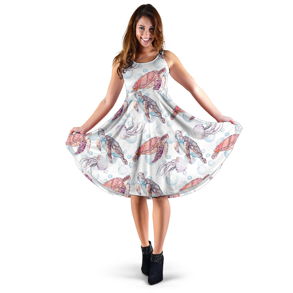 Watercolor Sea Turtle Jellyfish Pattern Sleeveless Midi Dress