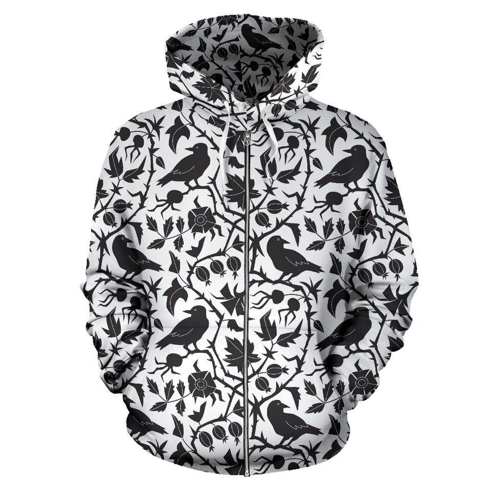 Crow Dark Floral Pattern Zip Up Hoodie