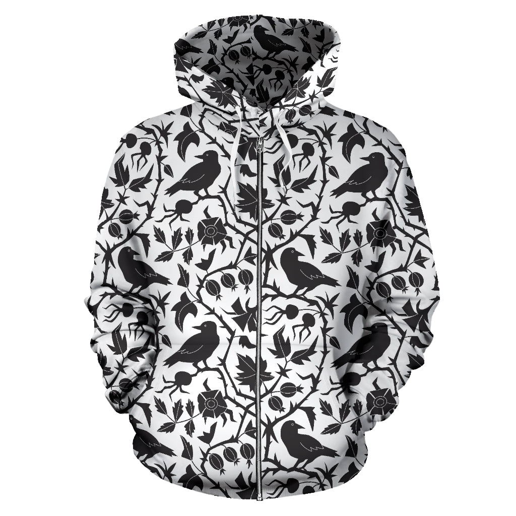 Crow Dark Floral Pattern Zip Up Hoodie