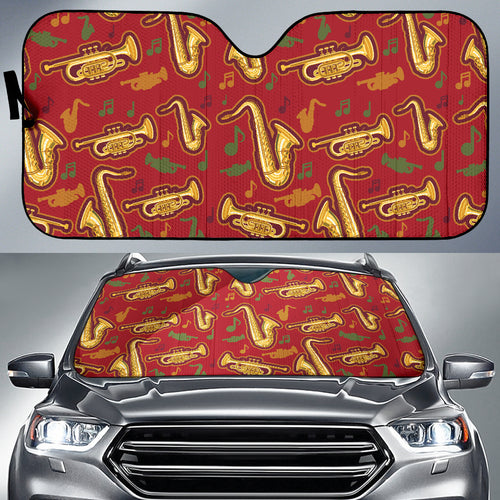 Saxophone Cornet Pattern Red Background Car Sun Shade