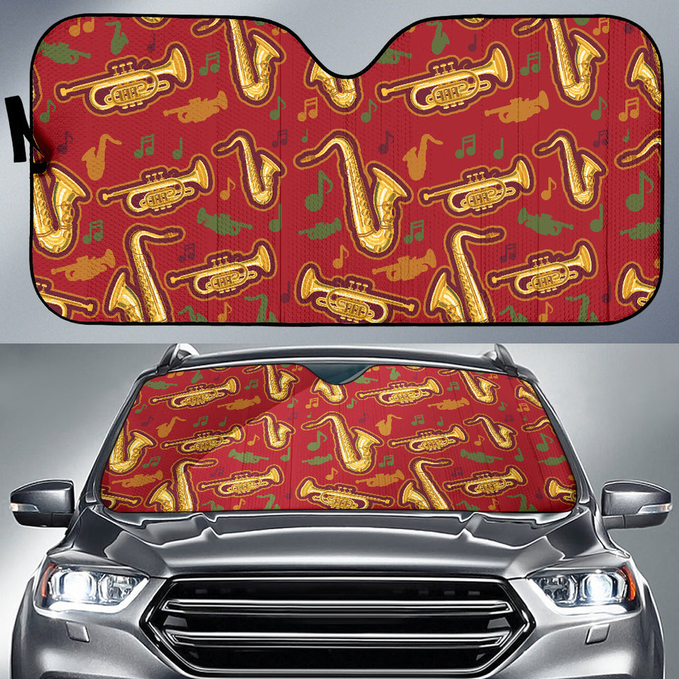 Saxophone Cornet Pattern Red Background Car Sun Shade