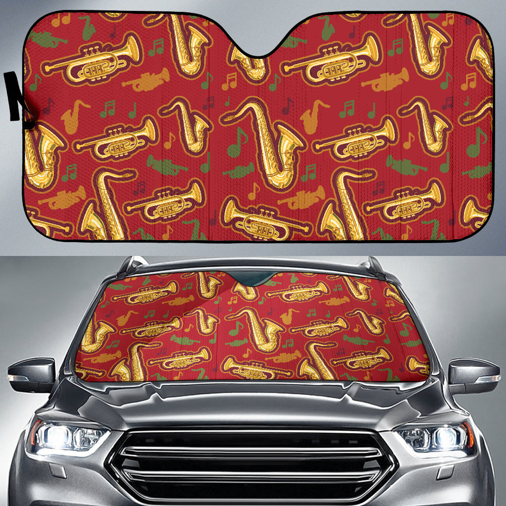 Saxophone Cornet Pattern Red Background Car Sun Shade