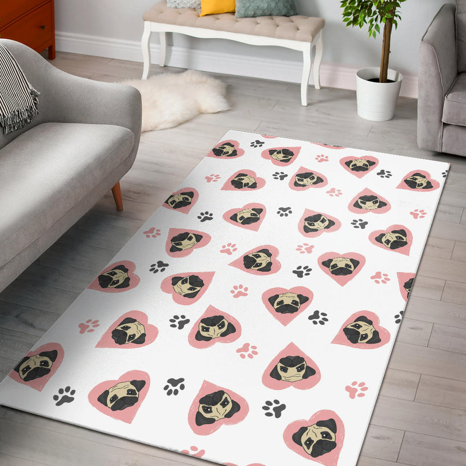 Cute Pugs Pink Heart Paw Pattern Area Rug