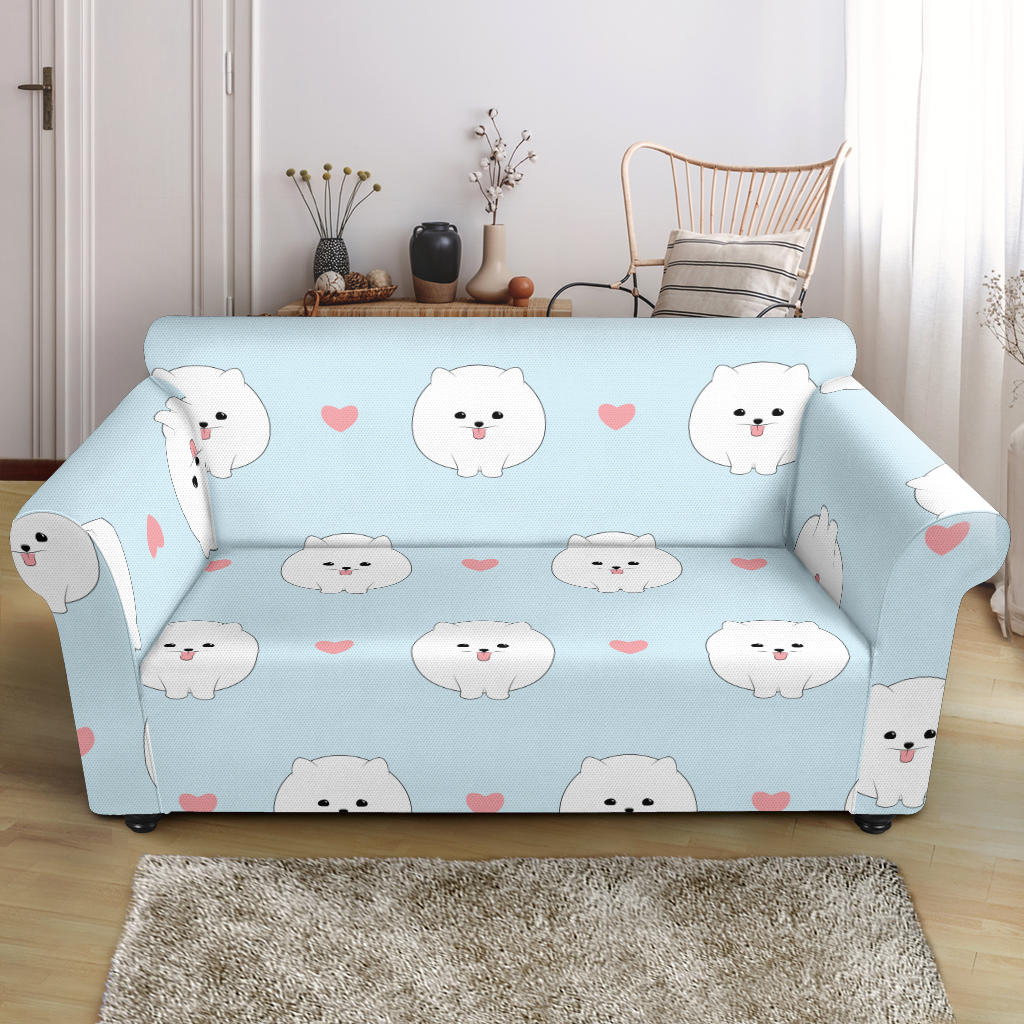 White Cute Pomeranian Pattern Loveseat Couch Slipcover