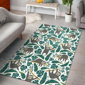 Cute Sloths Tropical Palm Leaves White Background Area Rug