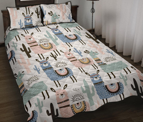 lama Alpaca cactus hand drawn pattern Quilt Bed Set