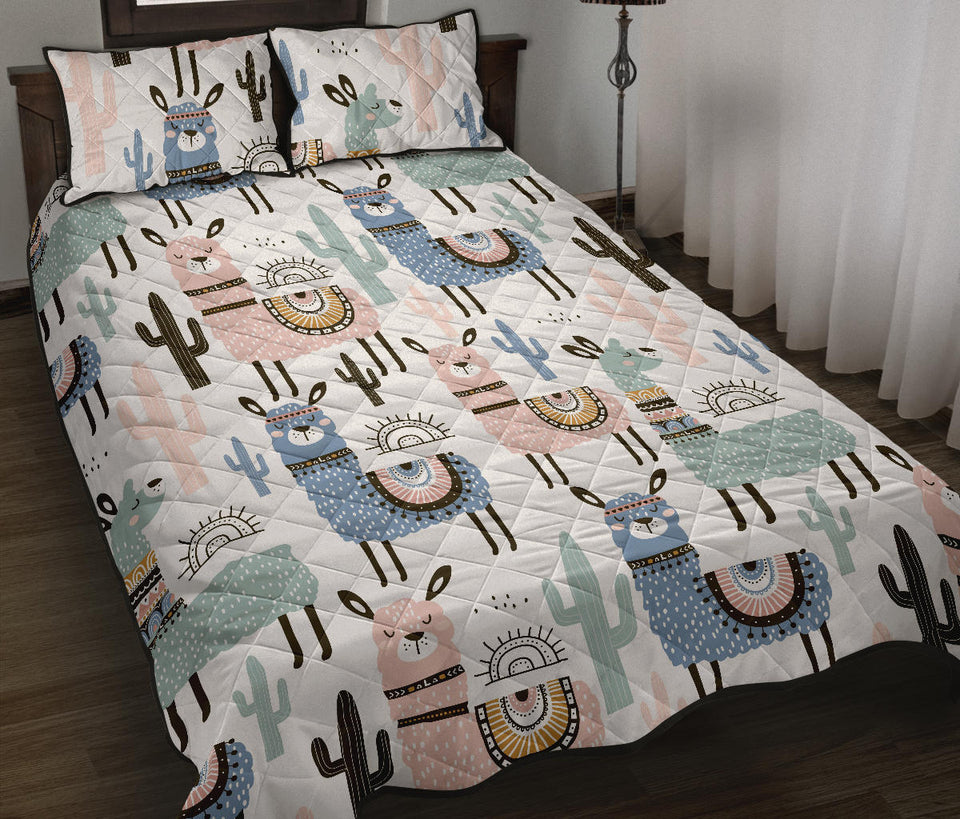 lama Alpaca cactus hand drawn pattern Quilt Bed Set