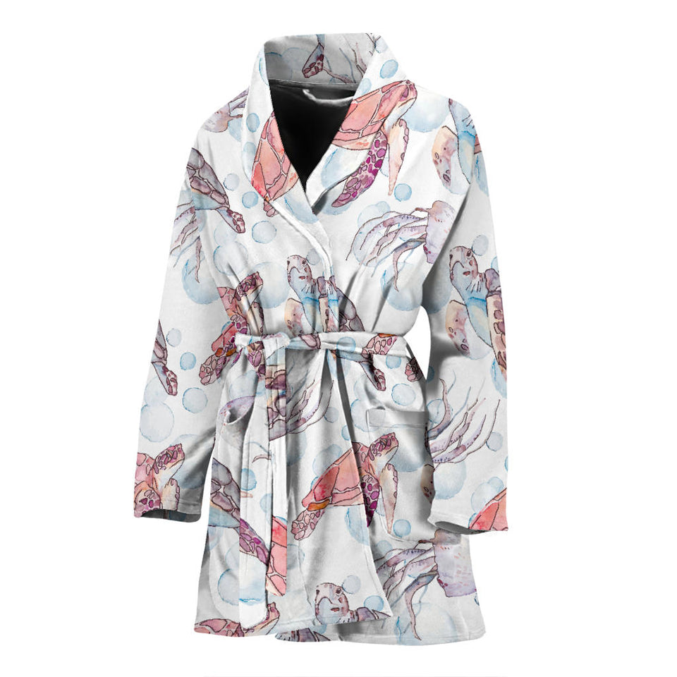 Watercolor Sea Turtle Jellyfish Pattern Women'S Bathrobe