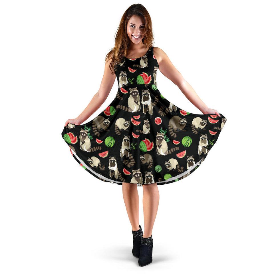 Raccoon Watermelon Pattern Sleeveless Midi Dress