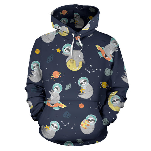 Cute Sloth Astronaut Star Planet Rocket Pattern Men Women Pullover Hoodie